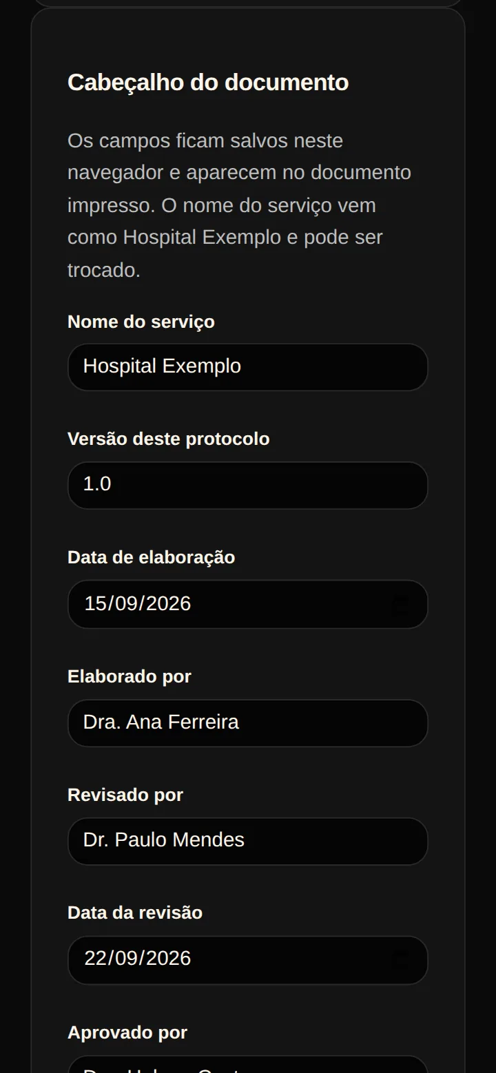 Tela real dos protocolos institucionais no celular: campos do cabeçalho do documento, com nome do serviço, versão, datas e responsáveis de um serviço fictício.
