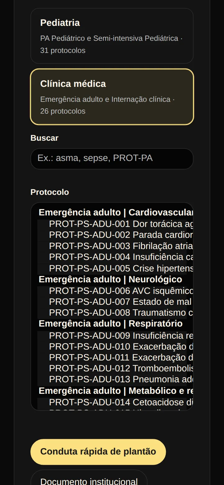 Tela real dos protocolos institucionais no celular: aba Clínica médica selecionada, com 26 protocolos, e a lista da Emergência adulto por grupo: cardiovascular, neurológico, respiratório e metabólico.