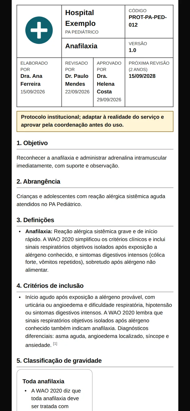Tela real dos protocolos institucionais no celular: documento institucional A4 do protocolo de anafilaxia, com o cabeçalho de um serviço fictício, com logo, código, versão, quem elaborou, revisou e aprovou, e o aviso de protocolo institucional.