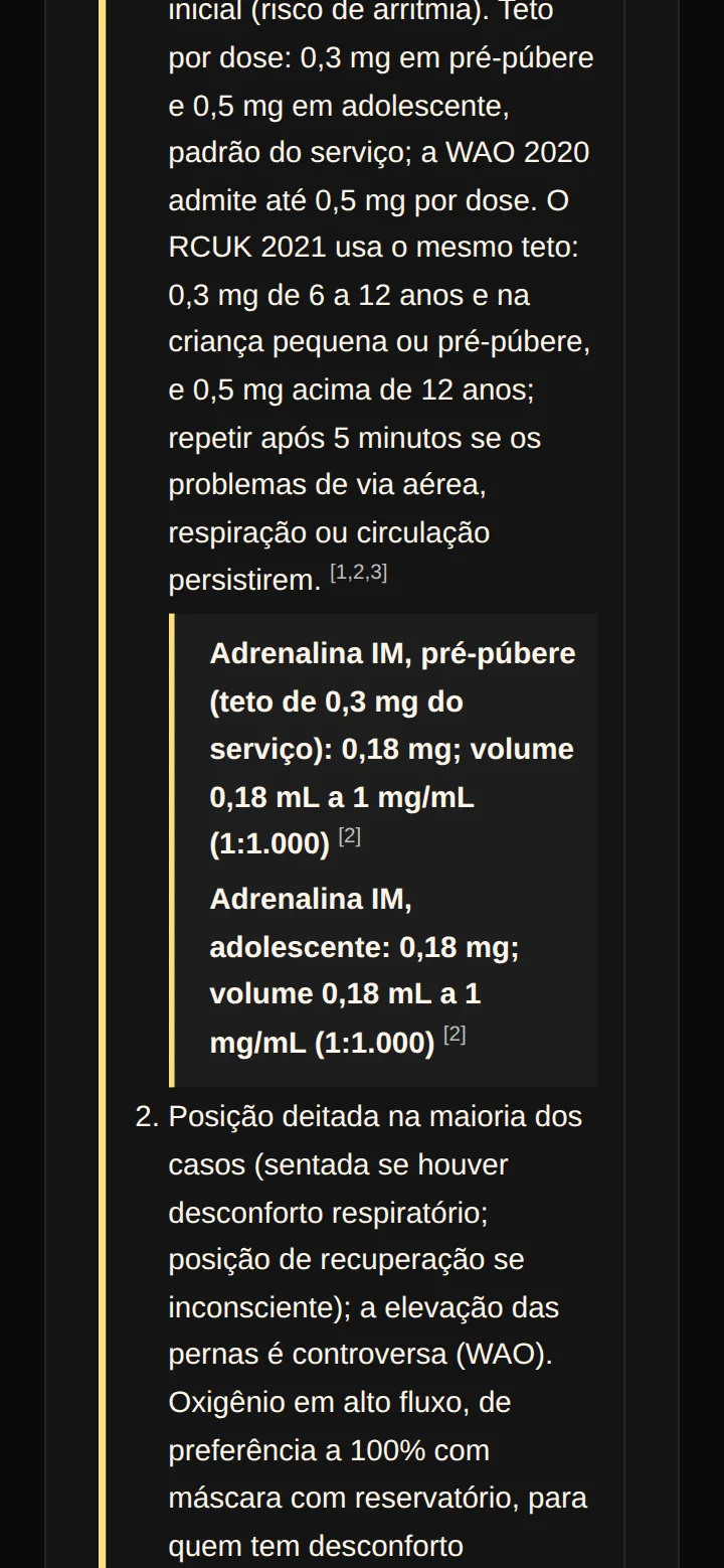 Tela real dos protocolos institucionais no celular: doses calculadas para 18 kg abaixo do passo da adrenalina intramuscular, com 0,18 mg e o volume de 0,18 mL.