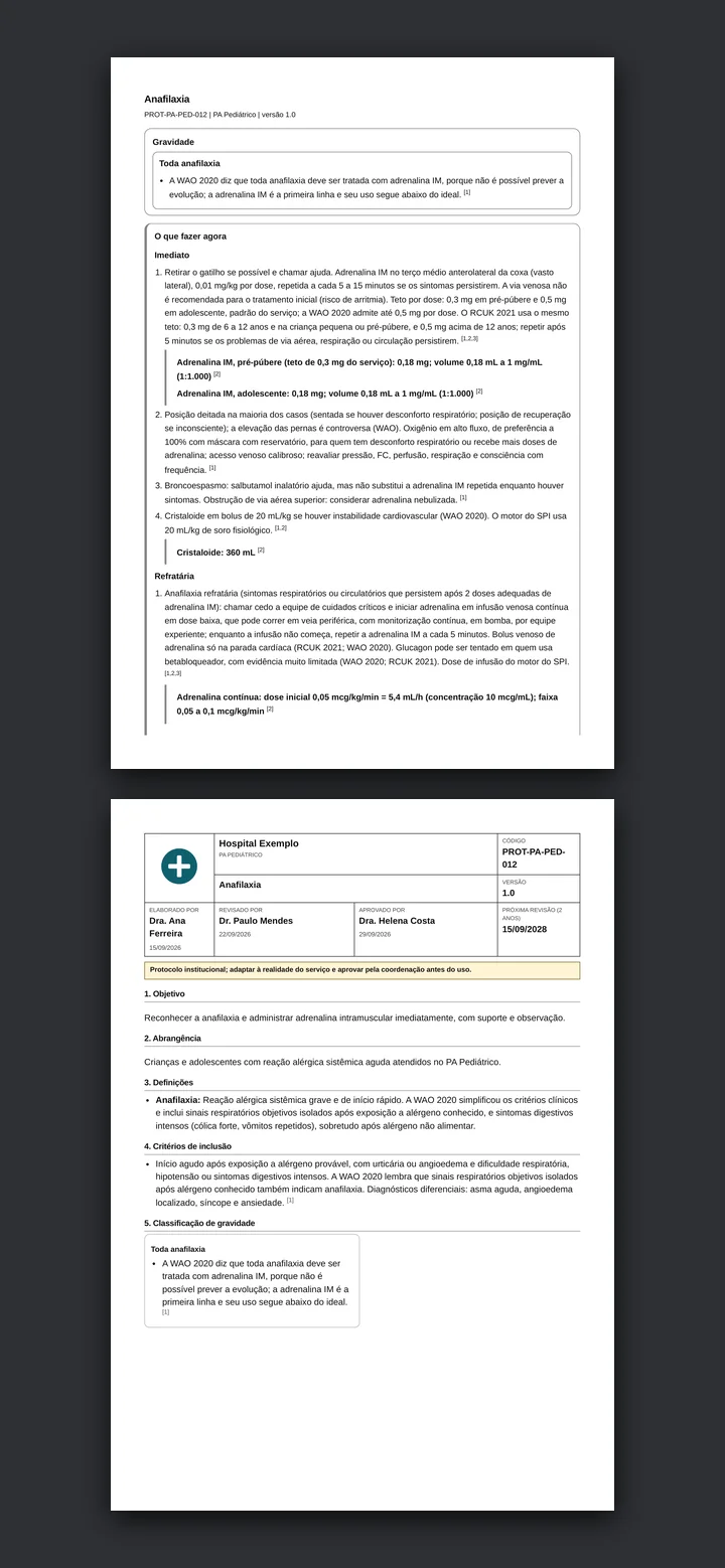 Impressão gerada pelo navegador: a conduta rápida em uma página A4 e o documento institucional em outra, com o cabeçalho do serviço fictício.