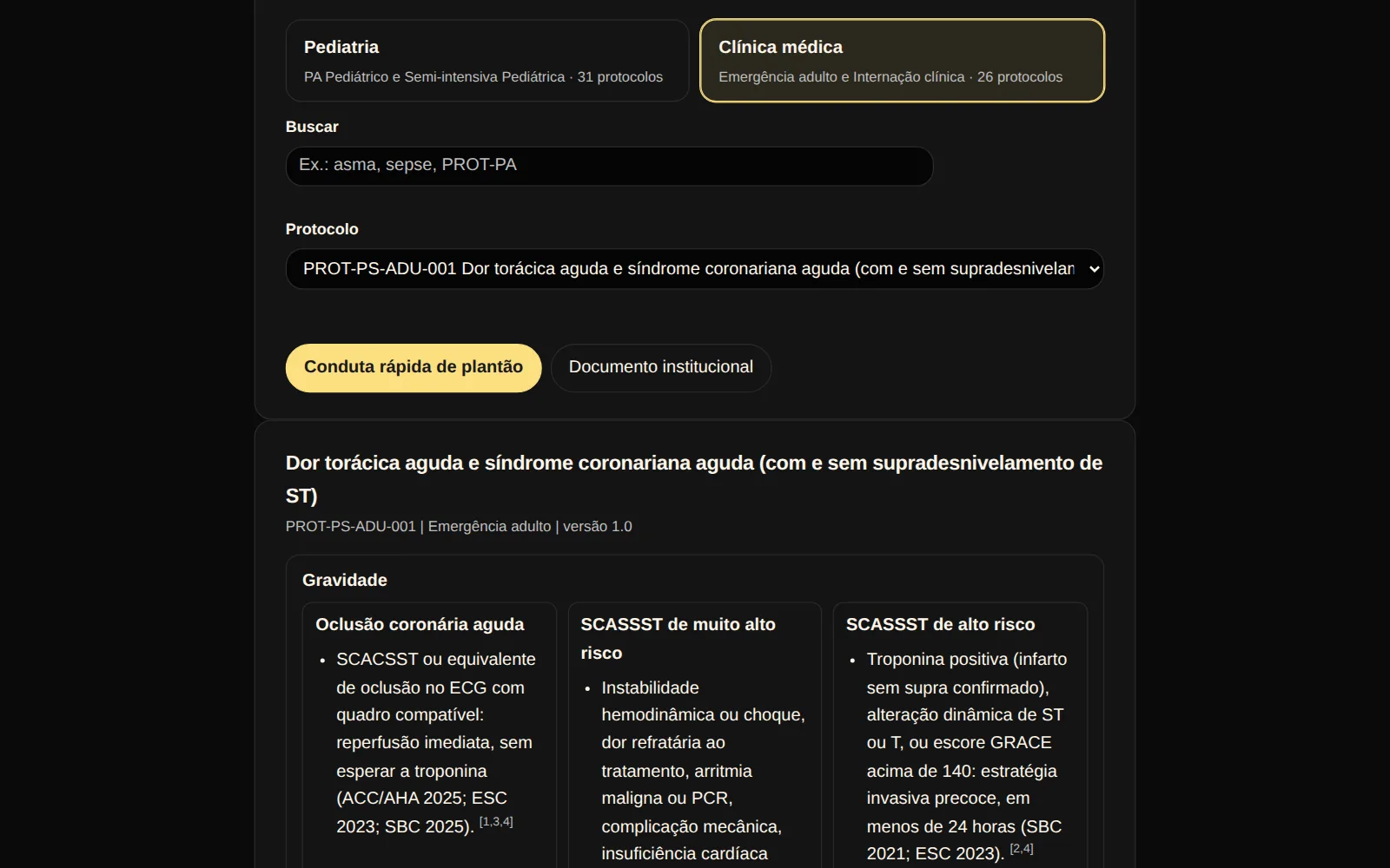 Tela real dos protocolos institucionais no computador: protocolo de dor torácica aguda e síndrome coronariana aguda da Emergência adulto, sem o campo de peso.