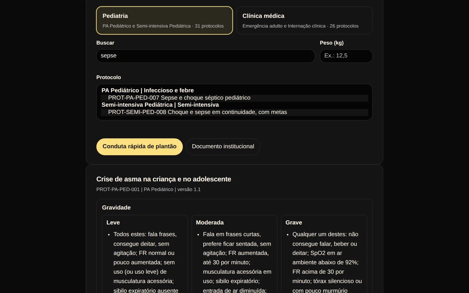 Tela real dos protocolos institucionais no computador: busca por sepse na área Pediatria, com os resultados do PA Pediátrico e da Semi-intensiva Pediátrica.