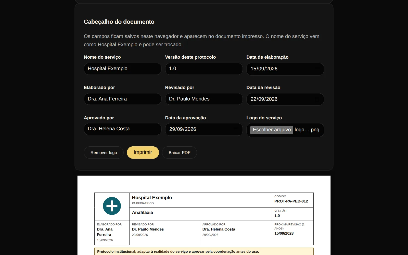 Tela real dos protocolos institucionais no computador: os campos do cabeçalho do documento, com nome do serviço, versão, datas, elaborado, revisado e aprovado por, o seletor de logo e os botões Imprimir e Baixar PDF, e o documento logo abaixo.