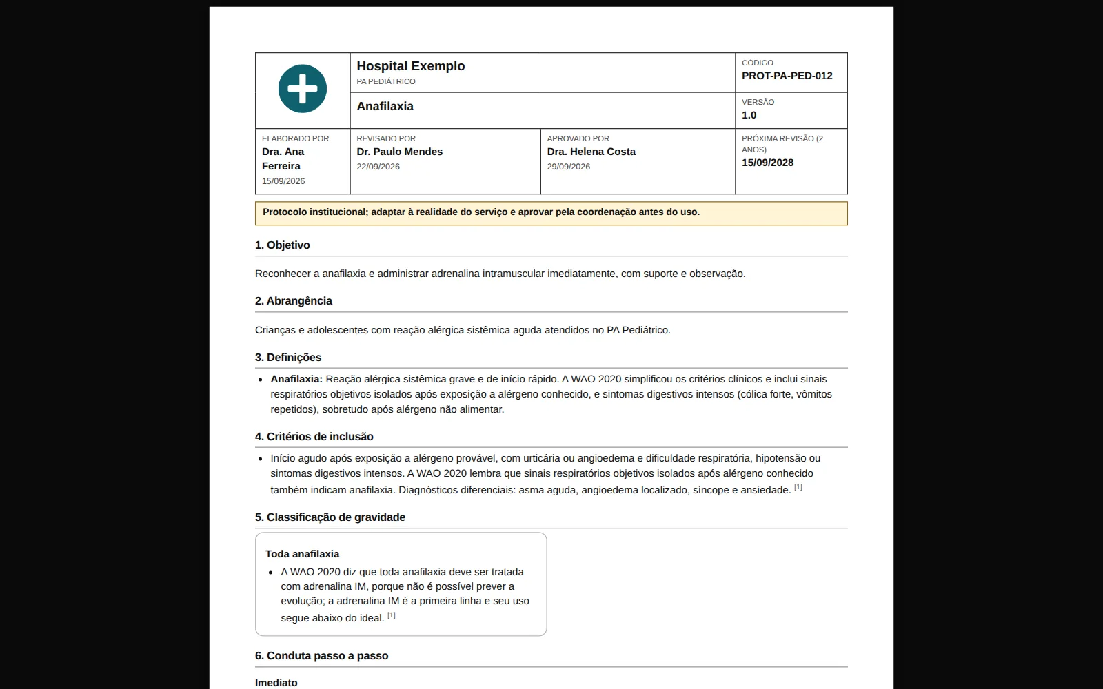 Tela real dos protocolos institucionais no computador: documento institucional A4 do protocolo de anafilaxia, com o cabeçalho do Hospital Exemplo, serviço fictício, com logo, código, versão, responsáveis e datas.