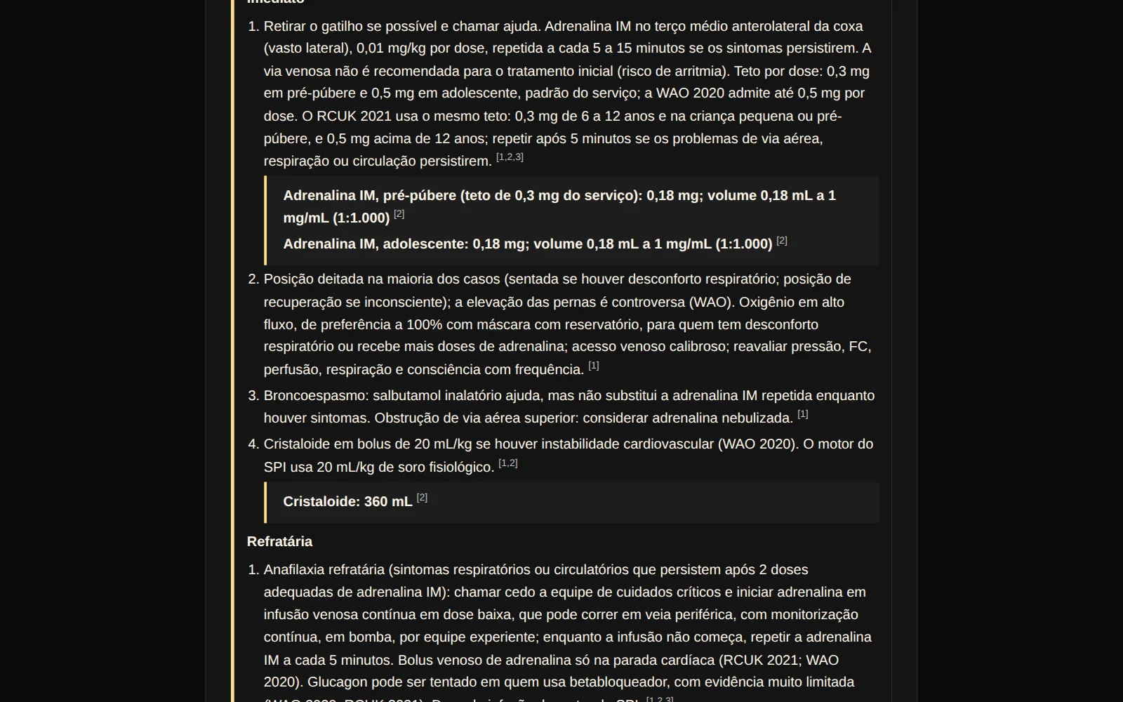 Tela real dos protocolos institucionais no computador: o passo da adrenalina intramuscular com a dose calculada para 18 kg, 0,18 mg, e o cristaloide de 360 mL.