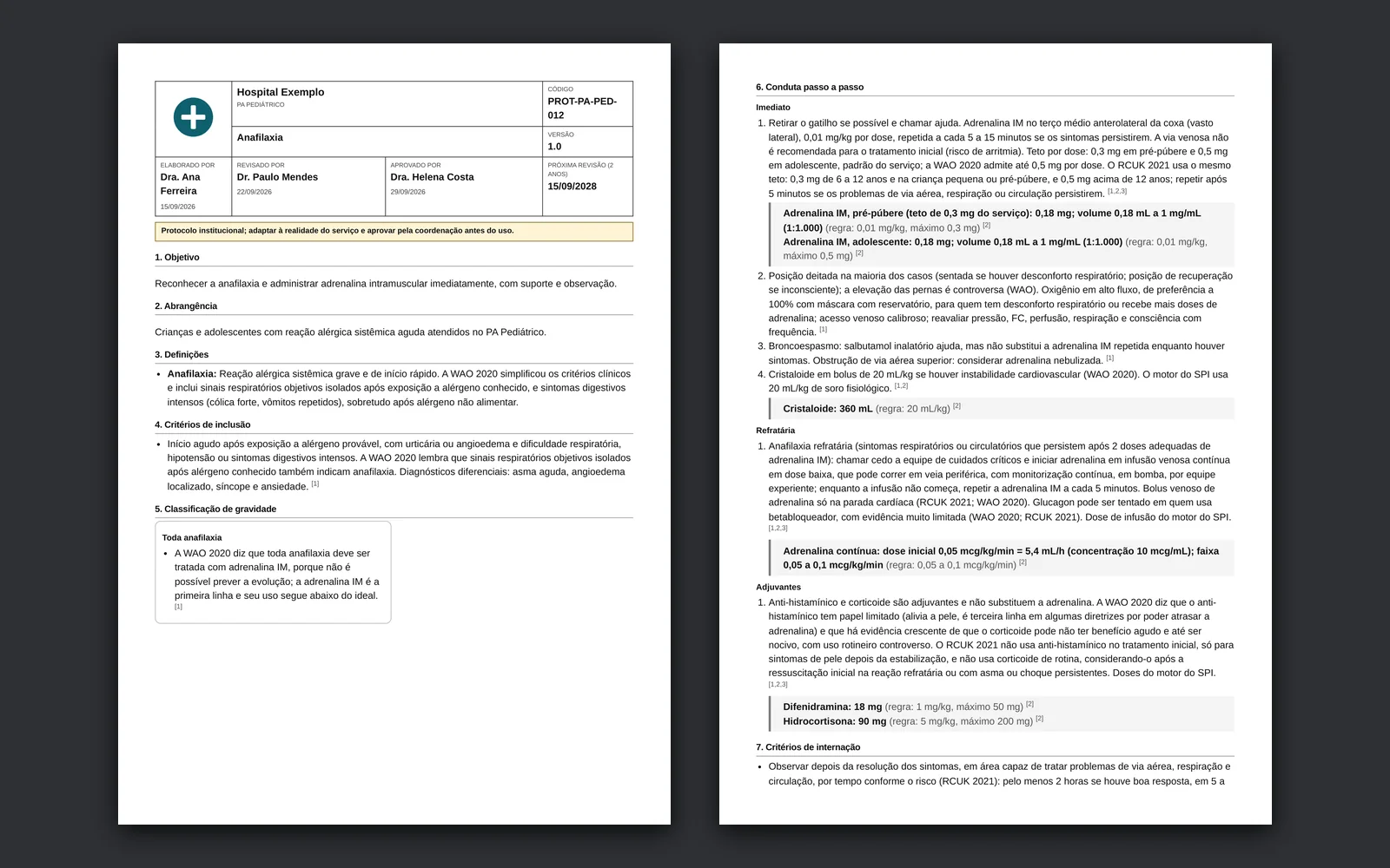 Impressão gerada pelo navegador: duas páginas A4 do documento institucional do protocolo de anafilaxia, com o cabeçalho do serviço fictício, o aviso institucional e a conduta passo a passo com as doses calculadas.