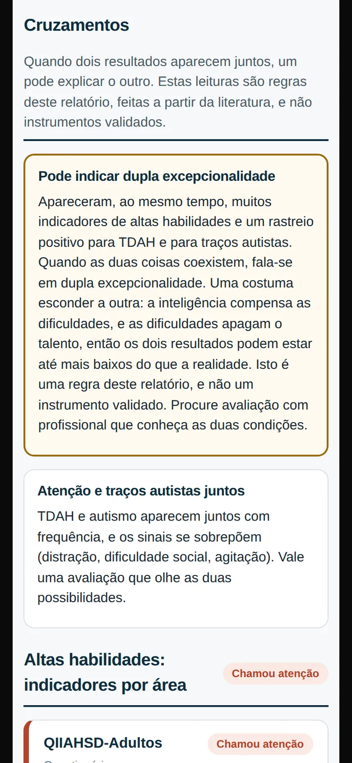 Tela real do Rastreio: seção Cruzamentos do relatório, com o aviso de que muitos indicadores de altas habilidades e um rastreio positivo para TDAH e traços autistas podem indicar dupla excepcionalidade.