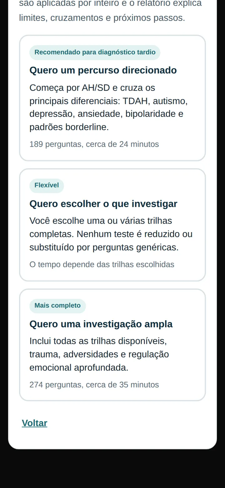 Tela real do Rastreio: o adulto escolhe entre percurso direcionado, escolher o que investigar ou investigação ampla, com o número de perguntas e o tempo de cada um.