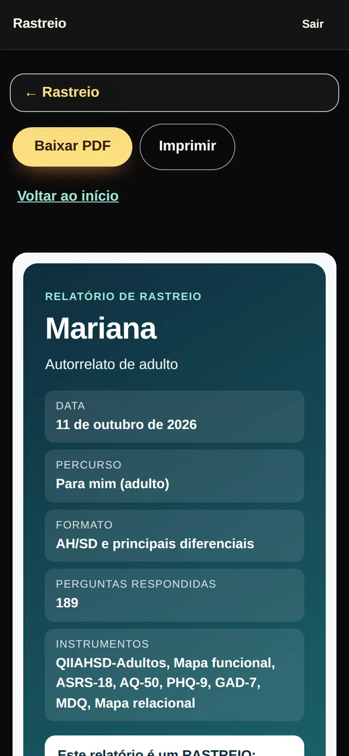Tela real do Rastreio: capa do relatório com o nome fictício Mariana, a data, o percurso, o número de perguntas respondidas e os instrumentos aplicados.