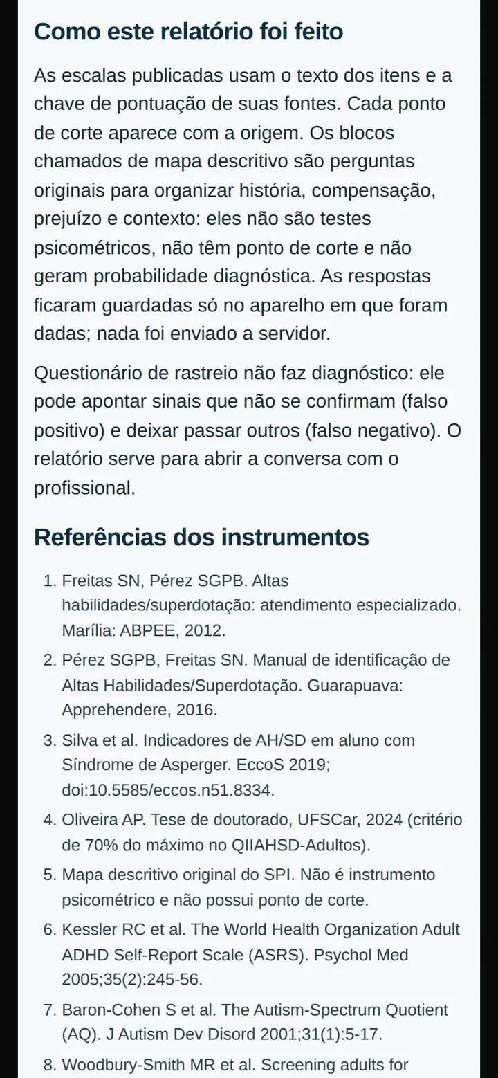 Tela real do Rastreio: texto Como este relatório foi feito e o início da lista de referências dos instrumentos.