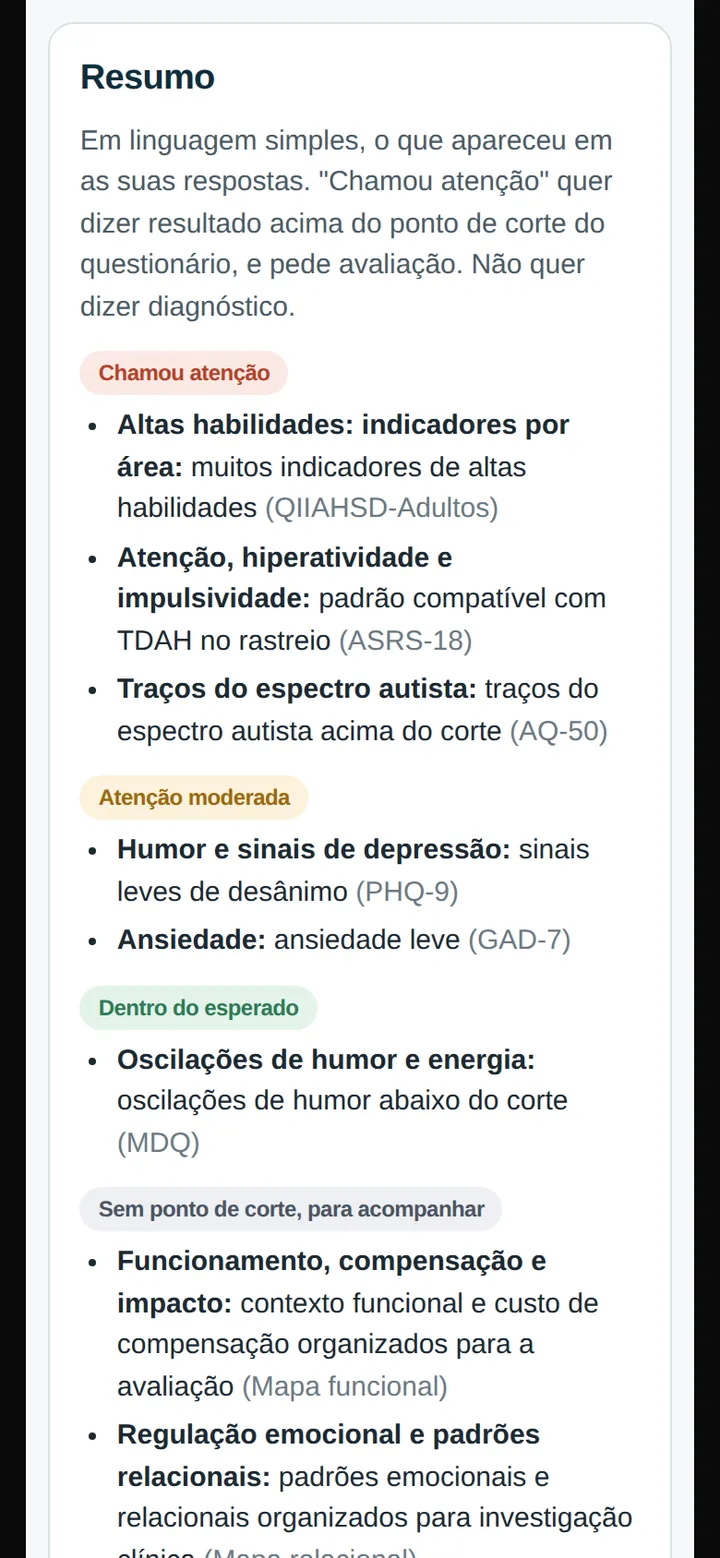 Tela real do Rastreio: resumo do relatório em linguagem simples, com os resultados separados em Chamou atenção, Atenção moderada e Dentro do esperado.