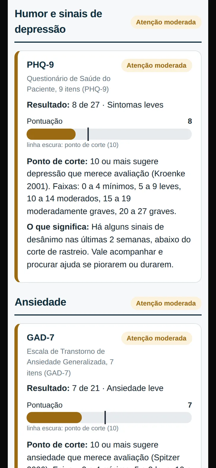 Tela real do Rastreio: parte técnica do relatório, com o PHQ-9, o resultado em pontos e faixa, a barra com o ponto de corte e a fonte citada.