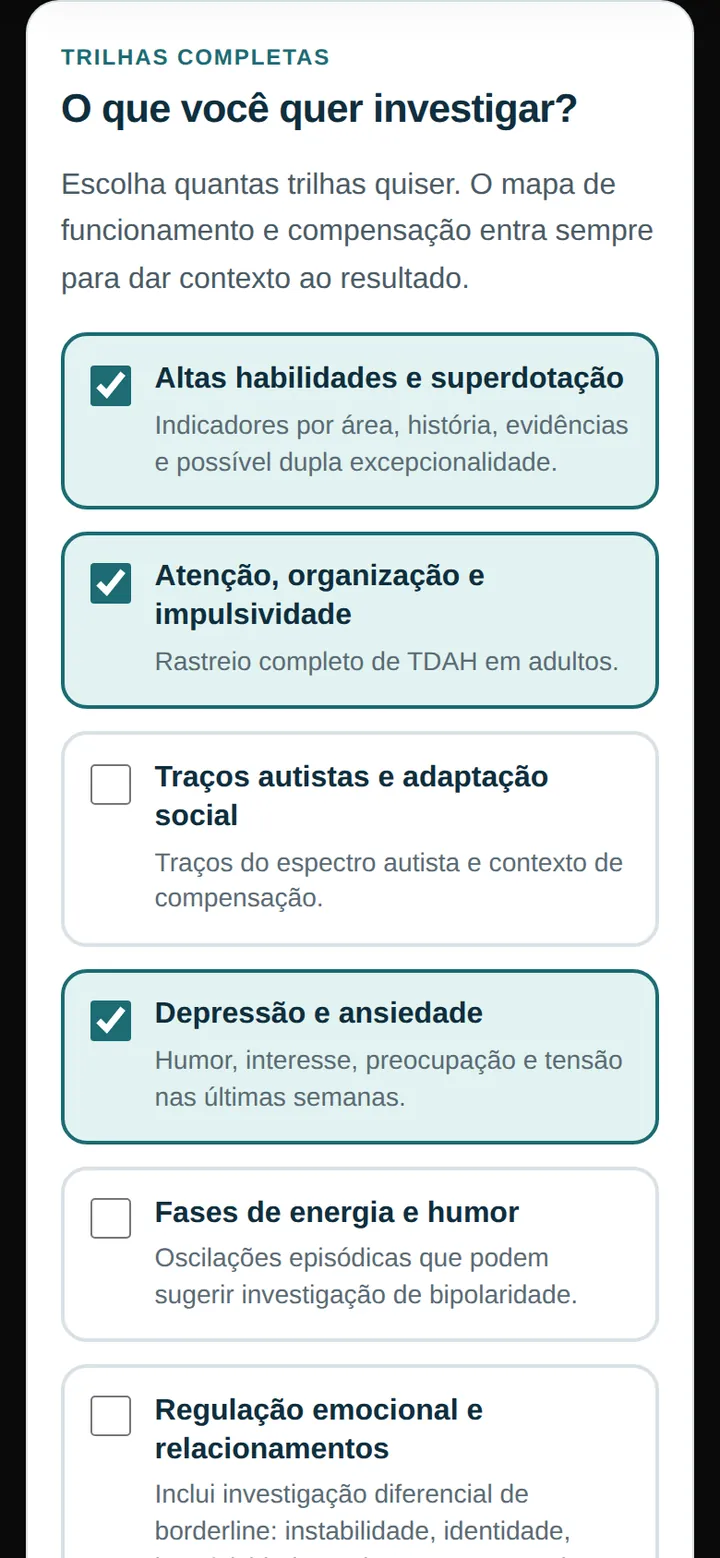 Tela real do Rastreio: lista de trilhas completas com caixas para marcar, como altas habilidades, atenção e impulsividade, depressão e ansiedade.