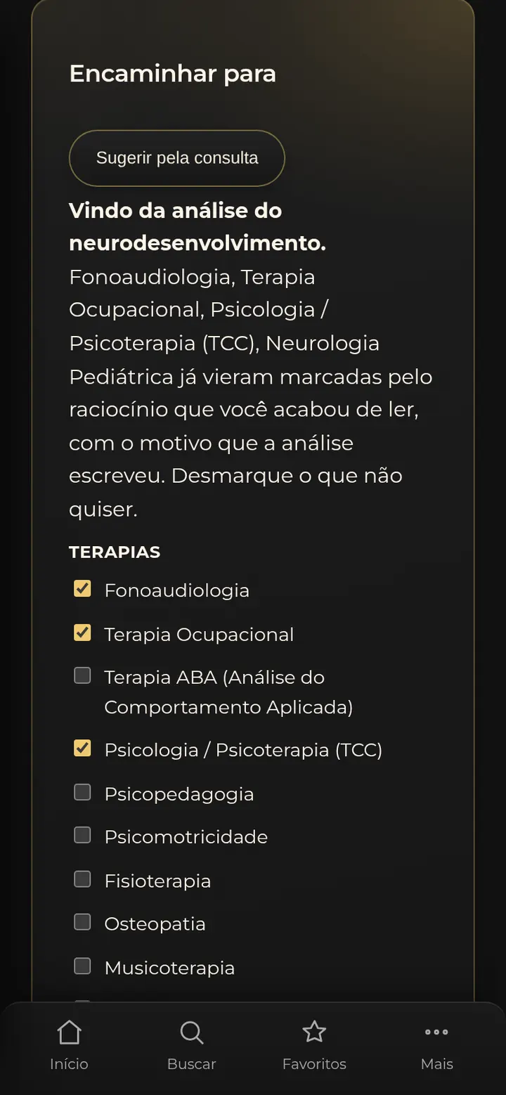Tela real do SPI: encaminhamentos com fonoaudiologia, terapia ocupacional, psicologia e neurologia pediátrica já marcados pelo raciocínio da análise.