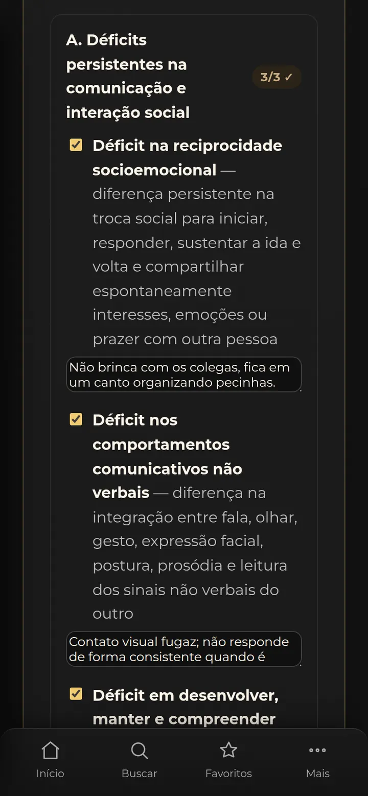 Tela real do SPI: formulário do laudo de TEA com critérios já marcados, o exemplo de cada um e o selo 3/3 do grupo A.