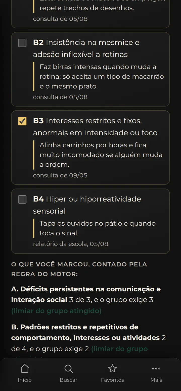 Tela real do SPI: contagem dos critérios marcados pela regra do motor, com o limiar de cada grupo atingido.