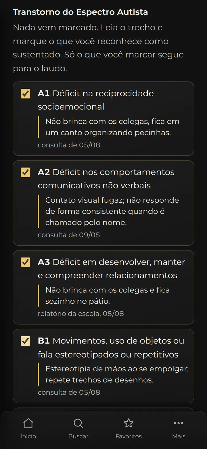 Tela real do SPI: critérios do TEA com o trecho da consulta de onde cada um saiu, e caixas marcadas pelo médico.