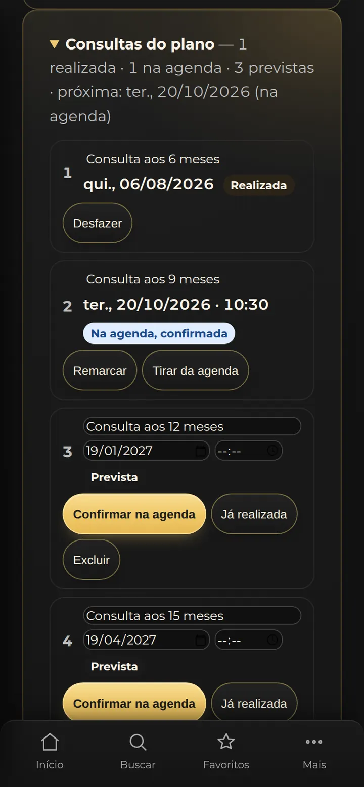 Tela real do SPI: painel Consultas do plano, com uma consulta realizada, uma já na agenda confirmada e as demais previstas, cada uma com o botão Confirmar na agenda.