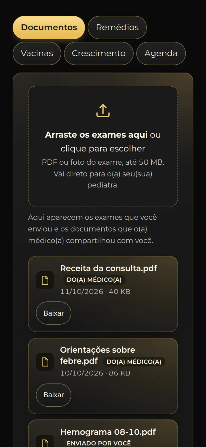 Tela real do portal do responsável no SPI: área para enviar exames e a lista com a receita e as orientações do médico e o exame enviado pela família.