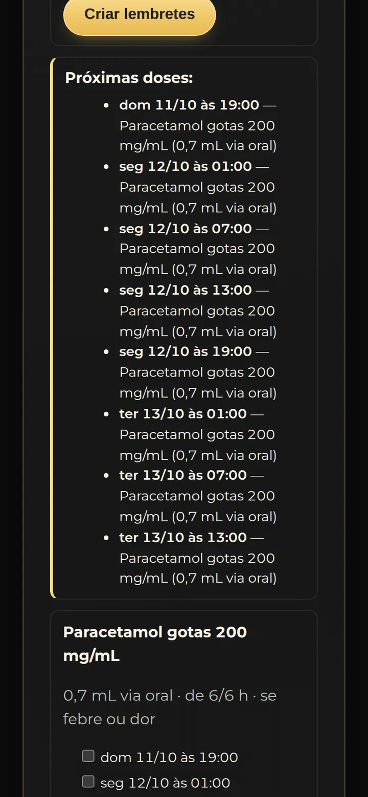 Tela real do portal do responsável: próximas doses do remédio, com horários montados a partir da receita.
