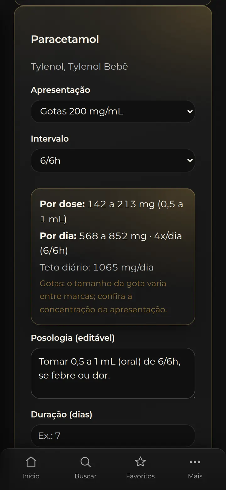 Tela real do SPI: receituário pediátrico calculando a dose de paracetamol em gotas pelo peso de 14,2 quilos, com dose por tomada, dose por dia e teto diário.
